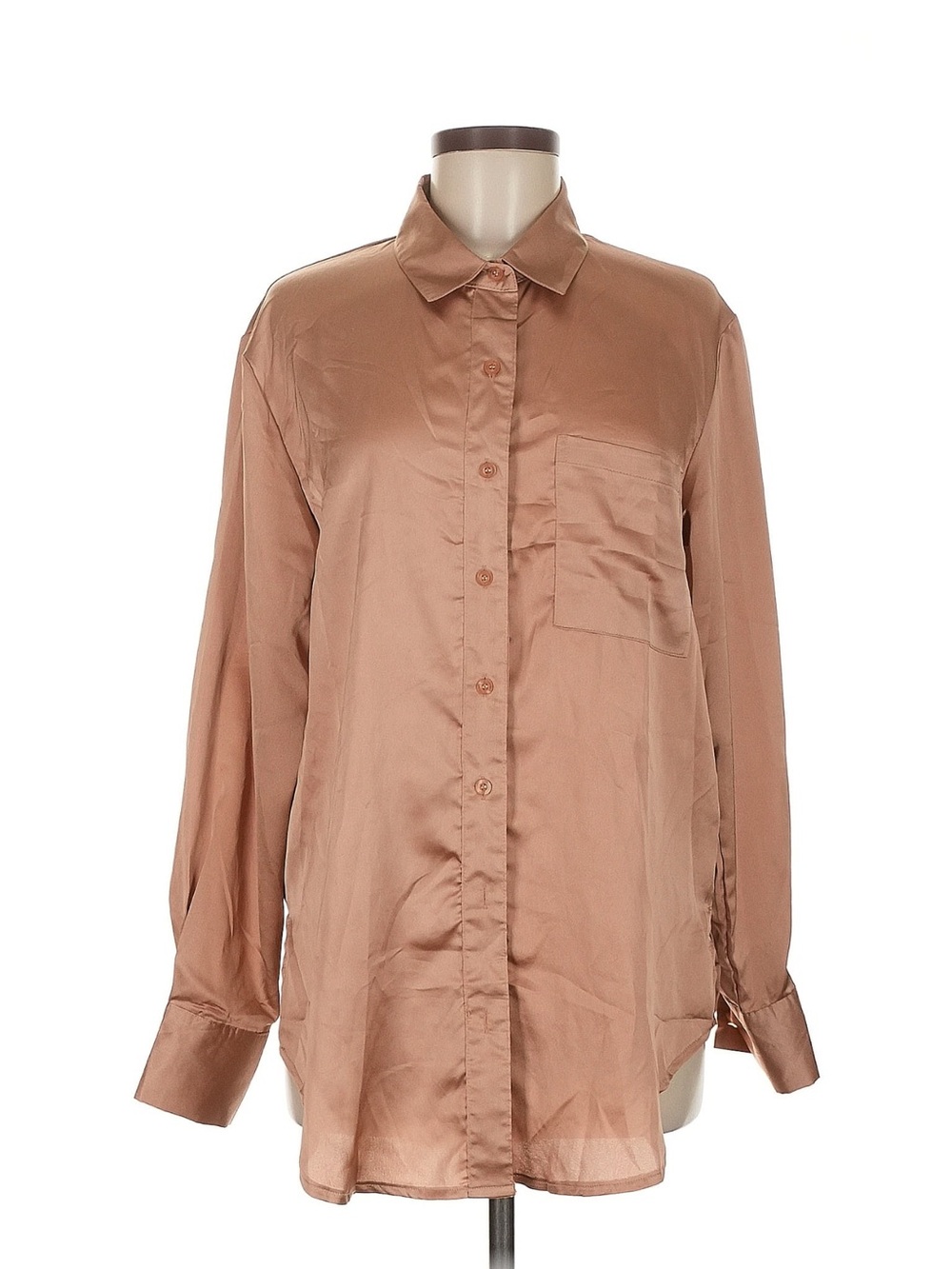 Nasty Gal Bronze Satin Button-Down Blouse High-Low Hem Sz 8